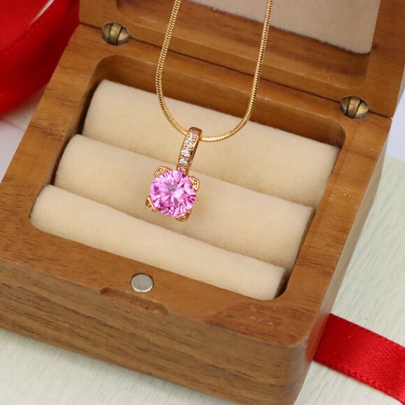 "Elegant Pink Round Pendant with Gold Plated Sparkling Bail Detail, XPPT1720 - Picture 7 of 13
